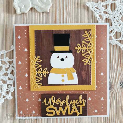Kartka świąteczna z bałwankiem 2 - ręcznie robiona scrapbooking 13x13 cm z kopertą