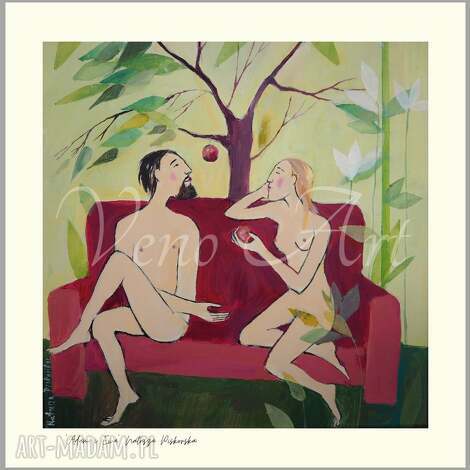 Grafika Natasza Piskorska - Adam i Ewa w srebrnej ramie, gotowa do zawieszenia 39,5x39,5 cm