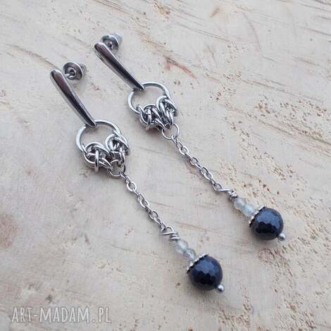 Szafirowe długości - długie kolczyki ze stali z szafirem i labradorytem (chainmaille)