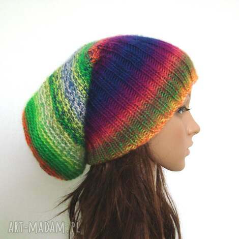 kolorowa długa czapka zimowa, cieniowana, uniwersalna, unikat
