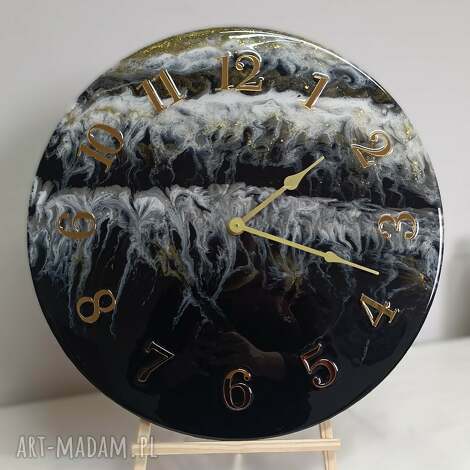 duży zegar ścienny 50 cm - rękodzieło z żywicy epoksydowej, czarno-złoty