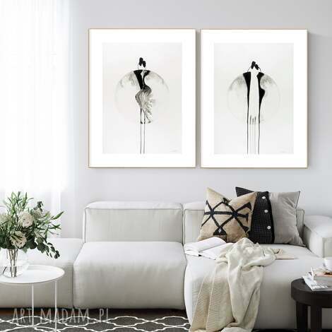Zestaw 2 obrazów malowanych ręcznie 50x70 cm - duża czarno-biała abstrakcja