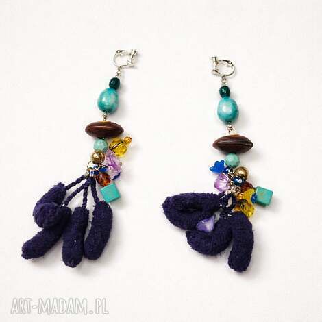 Duże, lekkie i zwariowane klipsy boho w turkusie i fioletach (handmade, 1 egzemplarz)
