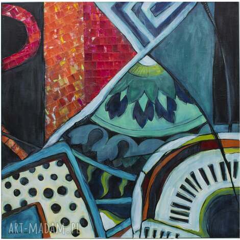 Mosaic - abstrakcyjny obraz 90x90 turkus i czarny akryl-akwarela