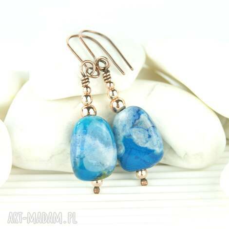 kolczyki z niebieskim agatem, wire wrapping, biżuteria autorska