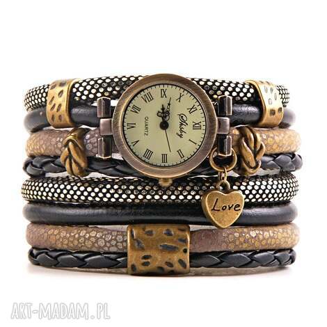 zegarki zegarek - bransoletka czarno-złoty, owijany, biżuteria love zawieszka