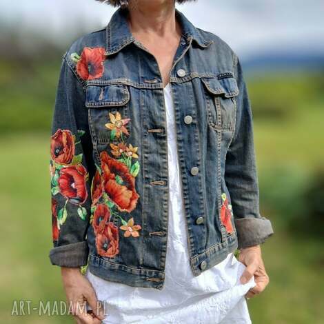 jeansowa kurtka z haftem i aplikacjami maki, bawełna unikat, prezent haft aplikacje