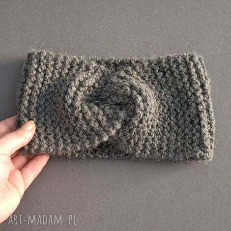 Ciemnoszara opaska turban twist na drutach - wełna i alpaka