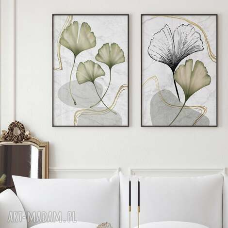 Zestaw 2 plakatów 61x91 cm - liście miłorzębu, abstrakcja botaniczna
