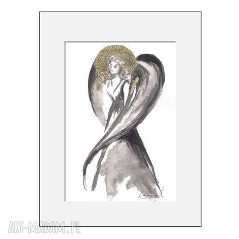 Autorska grafika „Anioł w złotej aureoli” 30x21 cm - ręcznie malowana i złocona | art-Madam.pl