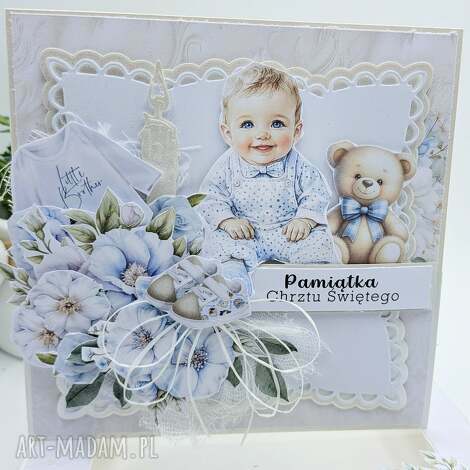Kartka pamiątka Chrztu Świętego w pudełku 14x14 cm - ręcznie robiona z życzeniami