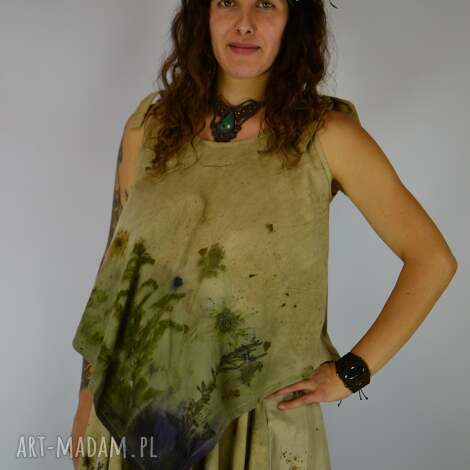 barwiona roślinami, ręcznie robiona dzika bluzka nimfa z głębin eco print, slow