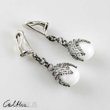 białe w siateczce - klipsy lub kolczyki k xs bia # szklane krople srebrne