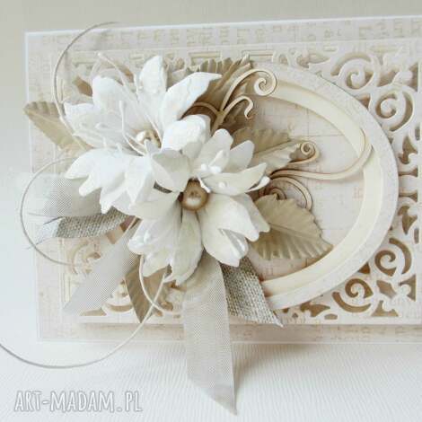 Ręcznie robiona ślubna kartka scrapbooking 3D z życzeniami - beż i biel