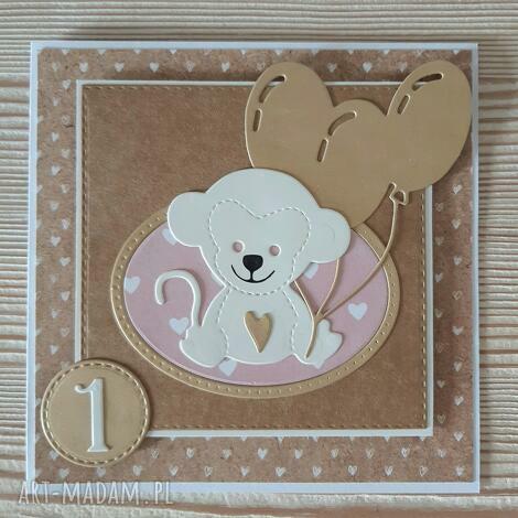 Kartka na pierwsze urodziny dziewczynki - małpka i balony scrapbooking