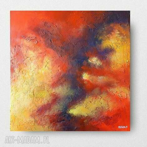 Abstrakcja - obraz akrylowy 60x60 cm bez ramy, czerwienie i błękity do salonu | art-Madam.pl