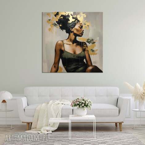 annsayuri art obraz kobieta - beżowy ze złotem czarnoskóra