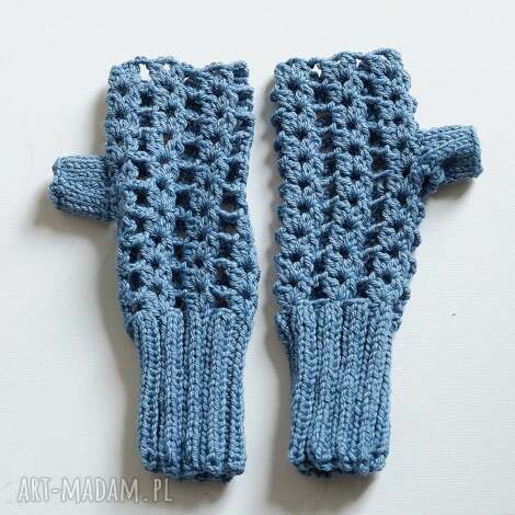 ażurowe mitenki, jeansowe, szydełkowe rękawiczki