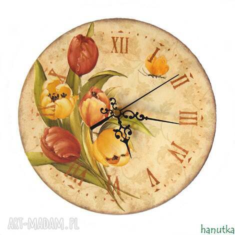 tulipany - zegar, decoupage, stylowy, drewno