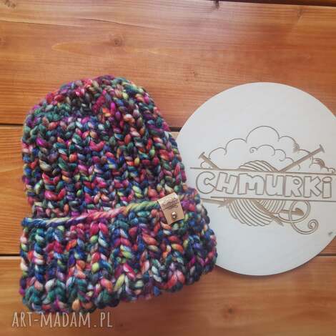 Kolorowa czapka Happy Beanie - beanie na drutach, wełna i akryl, prezent na święta