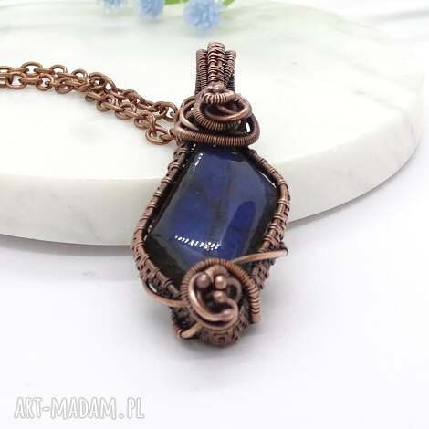 miedziany naszyjnik z labradorytem_v18, geometryczna biżuteria, głęboki kolor