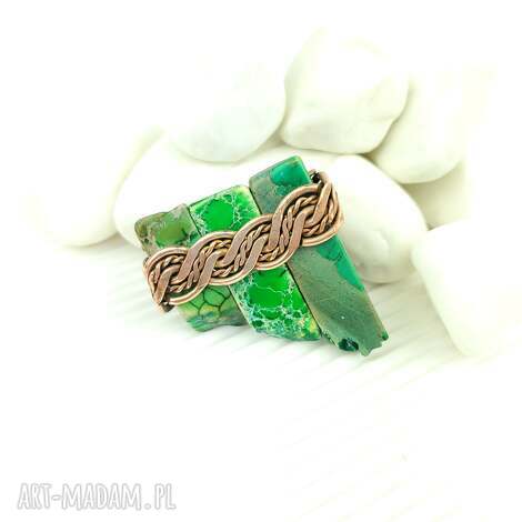 Broszka z jaspisem cesarskim wire wrapping - miedziany oplot na prezent dla niej
