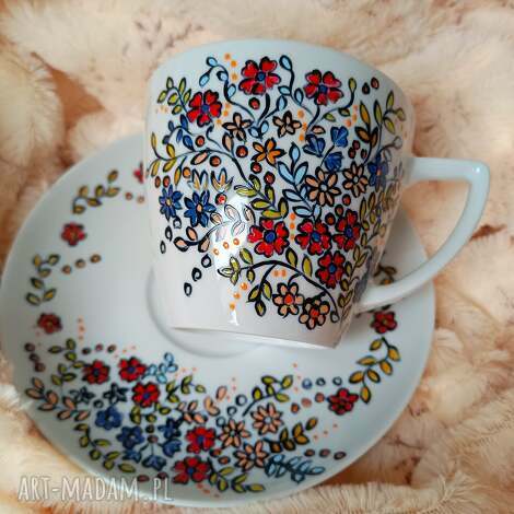 Kwiatowy komplet ręcznie malowany - filiżanka porcelanowa 350 ml dla niej