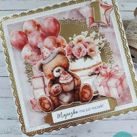 scrapbooking kartki kartka na roczek dla dziewczynki z misiem, personalizacja