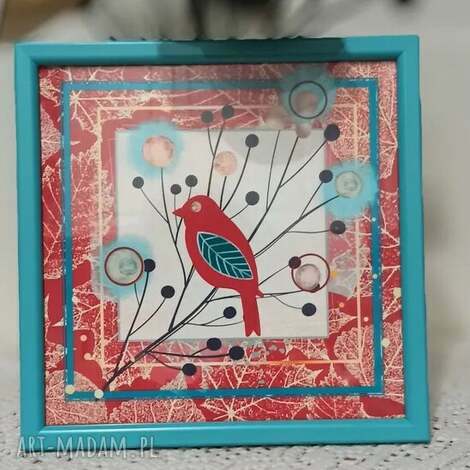 Jesienny obrazek Ptaszek na gałęzi IV 20x20 cm - czerwono-turkusowa grafika w turkusowej ramce