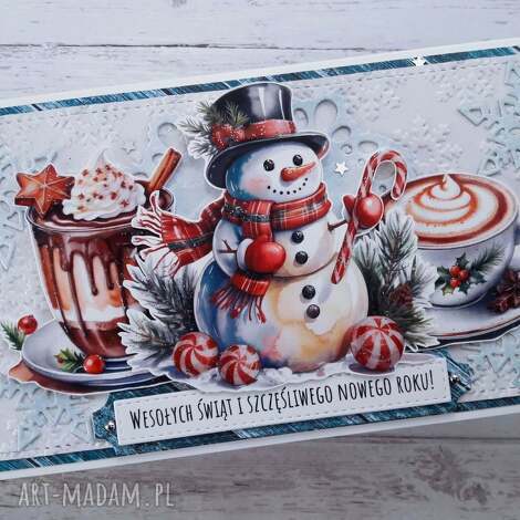 Kartka świąteczna handmade z bałwankiem 3D - srebrny brokat i gwiazdki