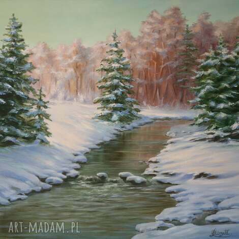 zimowa pora w lesie, obraz olejny ręcznie malowany, l olbrycht, pejzaż zimowy