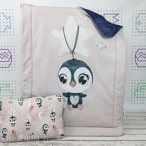 zestaw 75x100 kocyk i płaska poduszka pingwinki róż niemowlaka