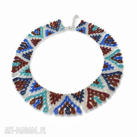 Naszyjnik koralikowy boho etniczny w niebieskich barwach - unikatowy dodatek Yuliia Gez