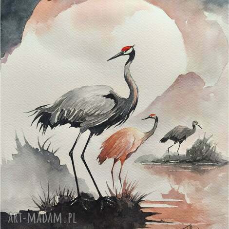 Chwila przed lotem - oryginalna akwarela z żurawiami 24 x 32 cm