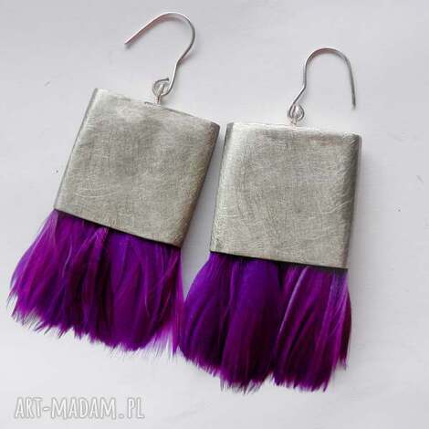 Kolczyki piórko z alpaki i naturalnie barwionych piór - srebro 925, fioletowe, handmade