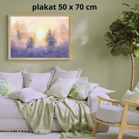 Świt w mglistym lesie - plakat akwarelowy 50x70 cm