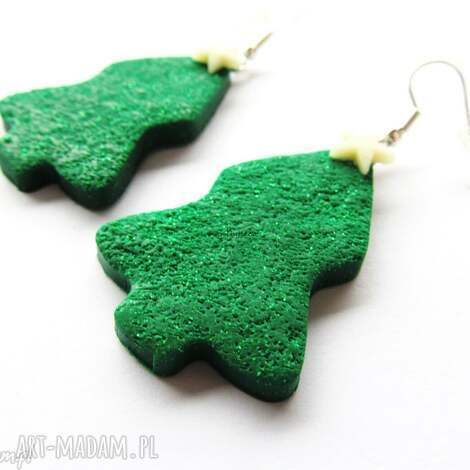 Kolczyki Duże Choinki FIMO - świąteczne handmade z świecącymi gwiazdkami