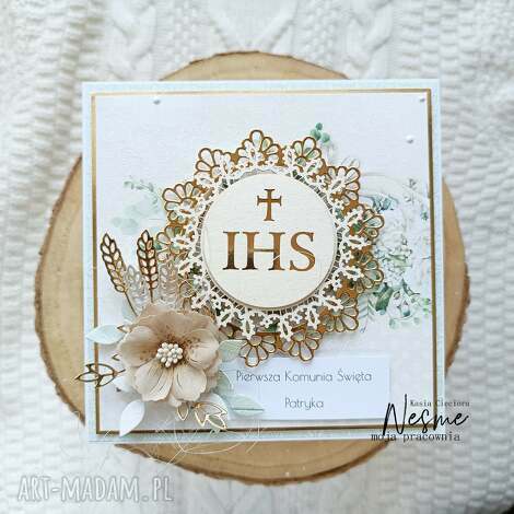 Pamiątka Pierwszej Komunii Świętej - kartka scrapbooking beż złoto z Hostią 14x14 z pudełkiem