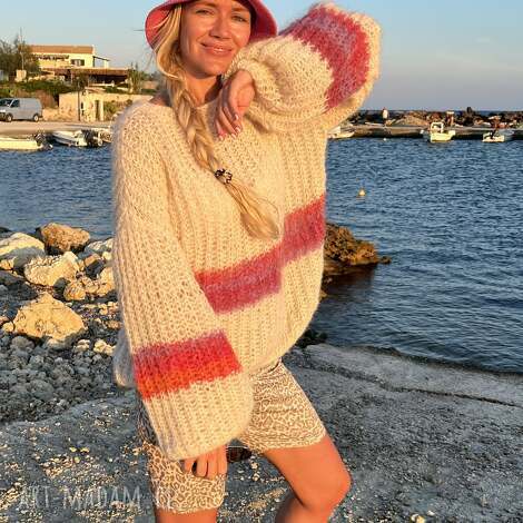 Sweter oversize z alpaki i jedwabiu - kolorowe rękawy
