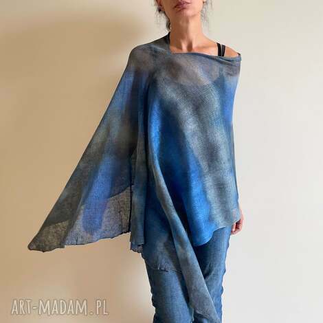 Lniana narzutka ponczo niebiesko-szara handmade