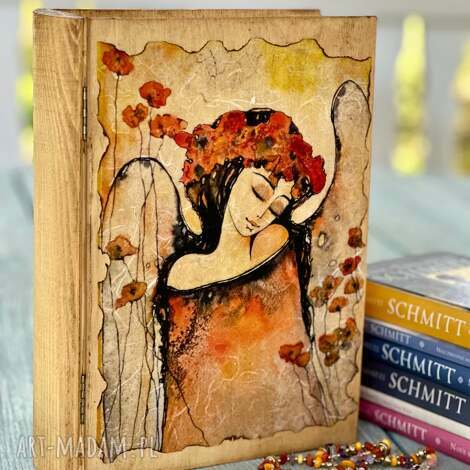 monique art kufer w kształcie książki, motyw anioła,maki, prezent