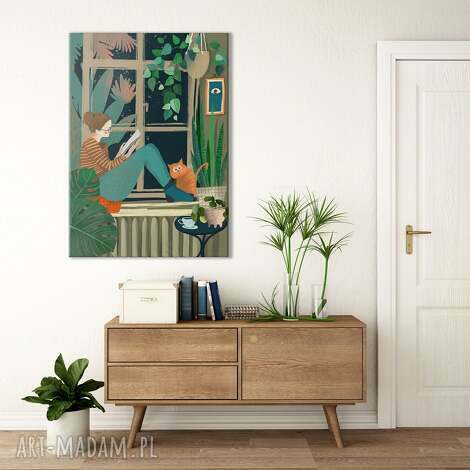 Nowoczesny obraz na płótnie 70x100 cm „Wieczór przy oknie” - boho rośliny