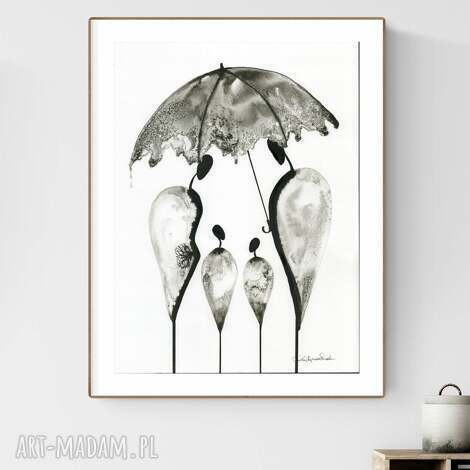 Grafika ręcznie malowana Parasolki „Relationships” 30x40 cm - monochromatyczna dekoracja na ścianę