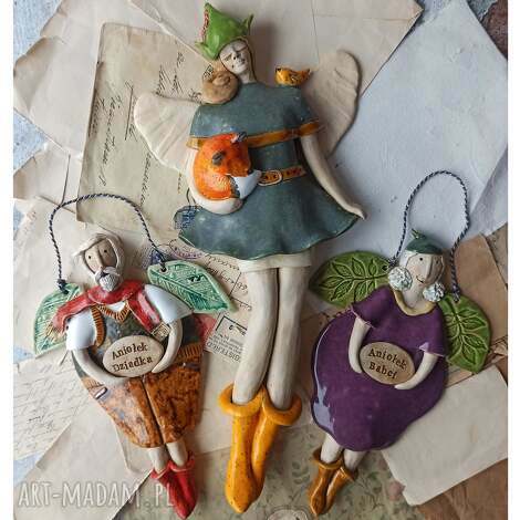 Ceramika: zestaw aniołów Robin Hood z liskiem dla Babci i Dziadka - handmade