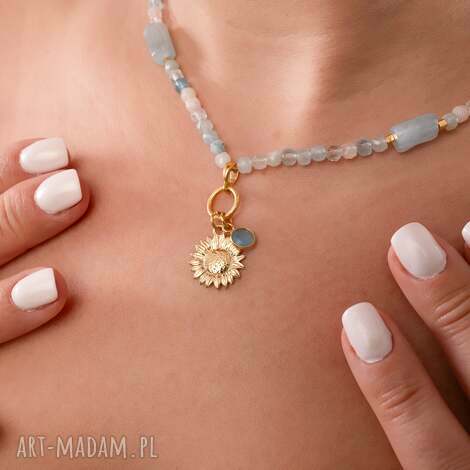 naszyjnik z morganitu i chalcedonu słoneczniki, srebro 925 w złotym pokryciu