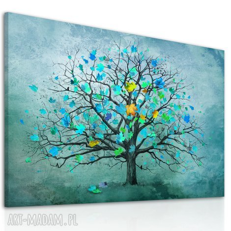 nowoczesny obraz do salonu drukowany na płótnie z drzewem, turkusowe drzewo