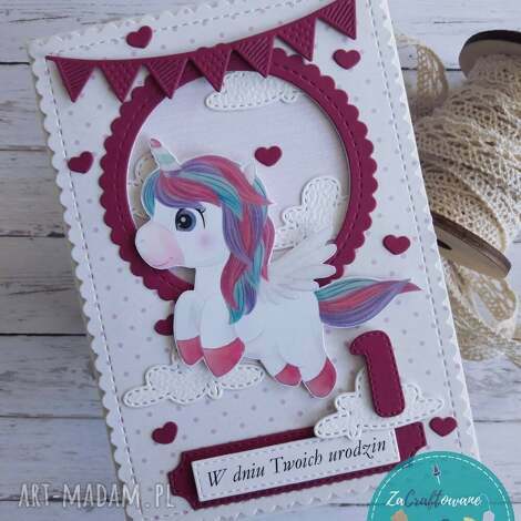 kartka na roczek dla dziewczynki z uroczym jednorożcem, kartka na 1 urodziny