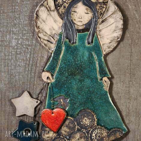 anioł wiszący ceramiczny z jaskółką, ceramika autorska, anioł