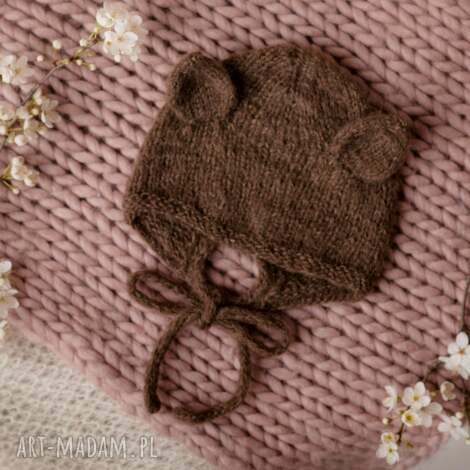 bonetka tuliś baby alpaka i merino brąz uszami, króliczek czapka