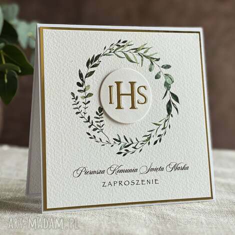 Eleganckie zaproszenia komunijne wzór 3C dla chłopca - biel i złoto (ręcznie robione i personalizowane)